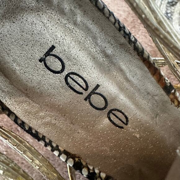 Bebe Women’s Gold/Snakeprint Stilettos High Heels Sandals Size 8 Strappy - Picture 3 of 11